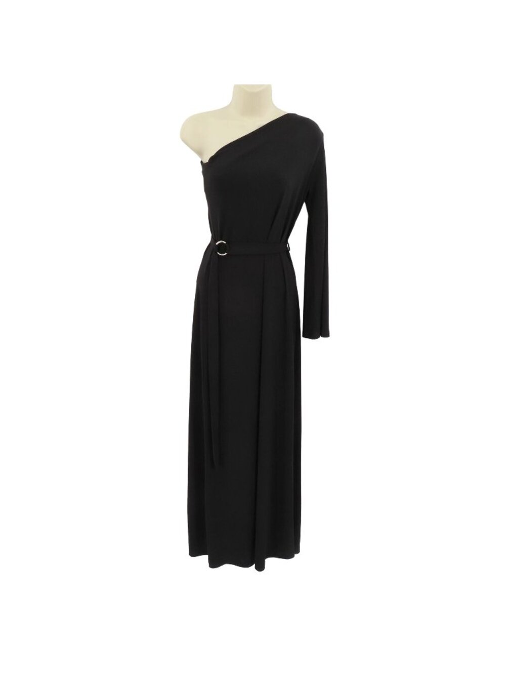 Ariella Womens Small Solid Black One Shoulder Long Sleeve Maxi Dress Slit Belted